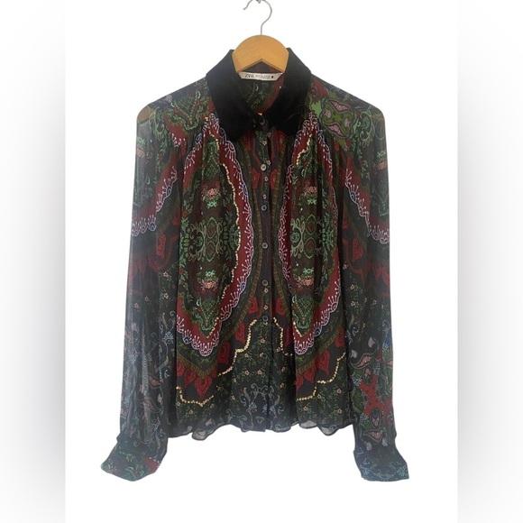 Zara Women Shirt Size Small Green Black Semi Sheer Paisley Velvet Collar - Picture 6 of 8